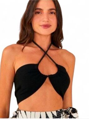 FARM Rio Black Braided-Strap Halter Top